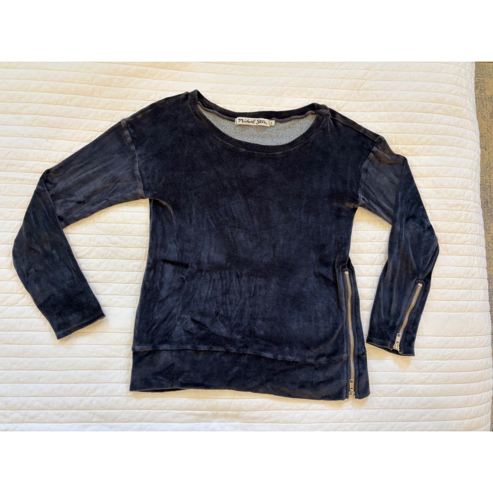 Michael Stars Velour Long Sleeve Top Black Zipper Side Cuffs Y2K 70s Style S
